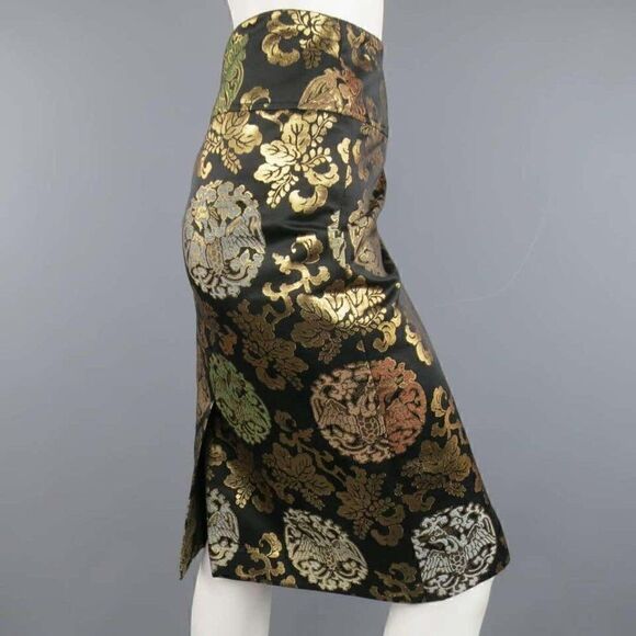 Ralph Lauren Multi Metallic Chinoiserie Silk Midi Pencil Skirt - Picture 9 of 16